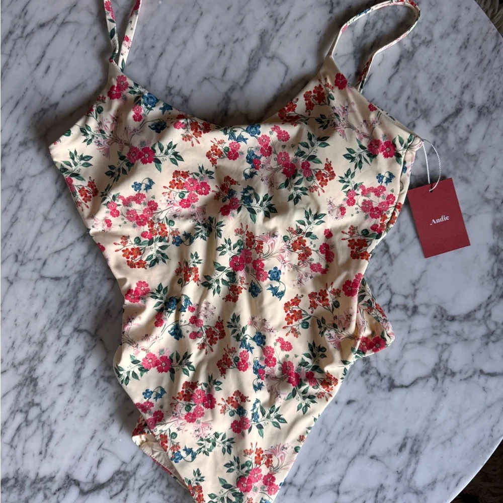 Andie Swim Floral One-Piece Swimsuit in Cream with Pink & Green Print